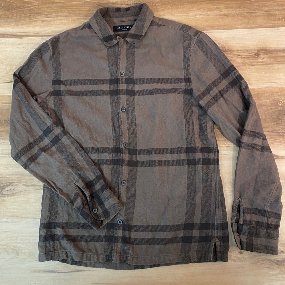 ALLSAINTS Flannel Shirt Mens Medium Anchorage LS Gray Brown Plaid Button Up